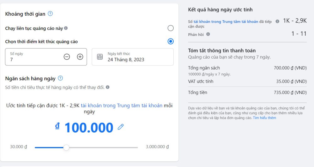 Hãy chọn số ngày và số tiền tương ứng bạn muốn chạy quảng cáo
