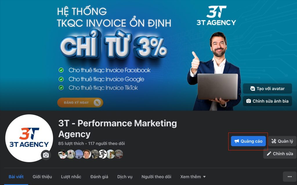 Giao diện chính thức của Fanpage cần thiết lập quảng cáo tin nhắn