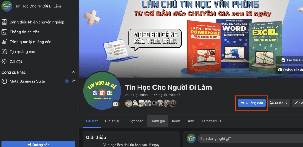 Chọn Fanpage cần chạy quảng cáo và ấn tạo quảng cáo