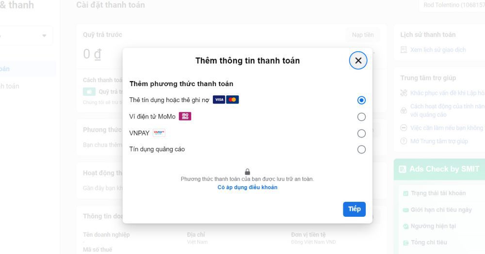 phương thức thanh toán của Facebook Ads