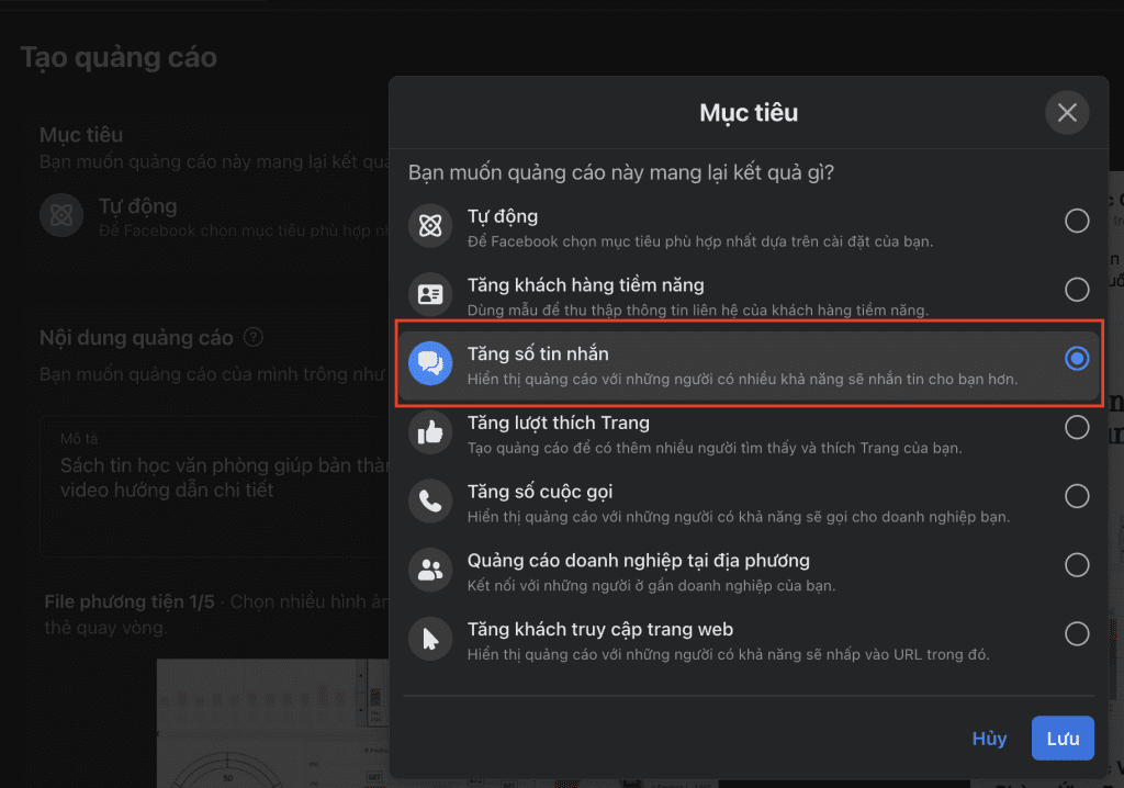 Chọn mục tiêu tăng số lượng tin nhắn