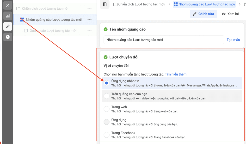 Vị trí chuyển đổi ứng dụng tin nhắn