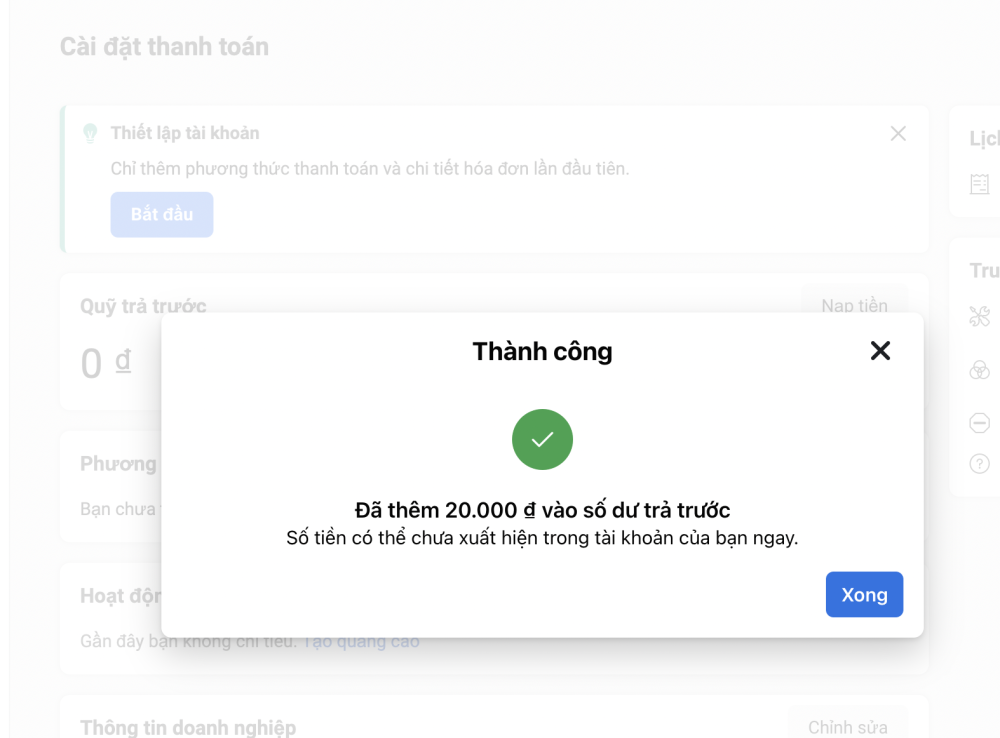 Nạp tiền thành công