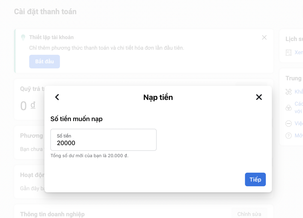 nhập số tiền muốn nạp
