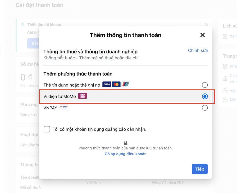 Chọn hình thức thanh toán là MoMo