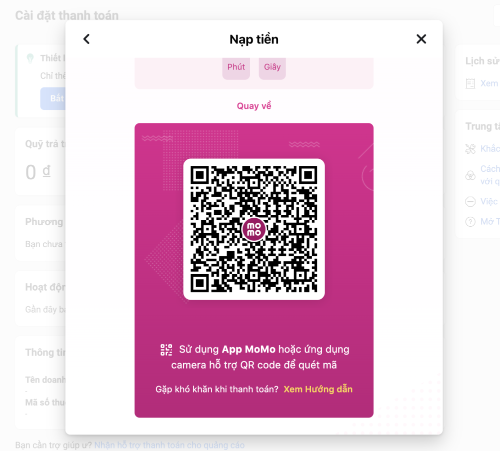 Vào App MoMo quét QR code để nạp tiền vào tài khoản quảng cáo