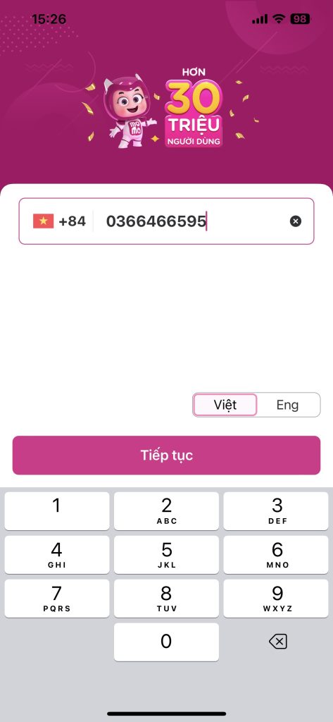 Đăng ký tài khoản MoMo bằng số điện thoại