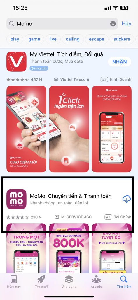 Cách tải App MoMo trên App store của Iphone