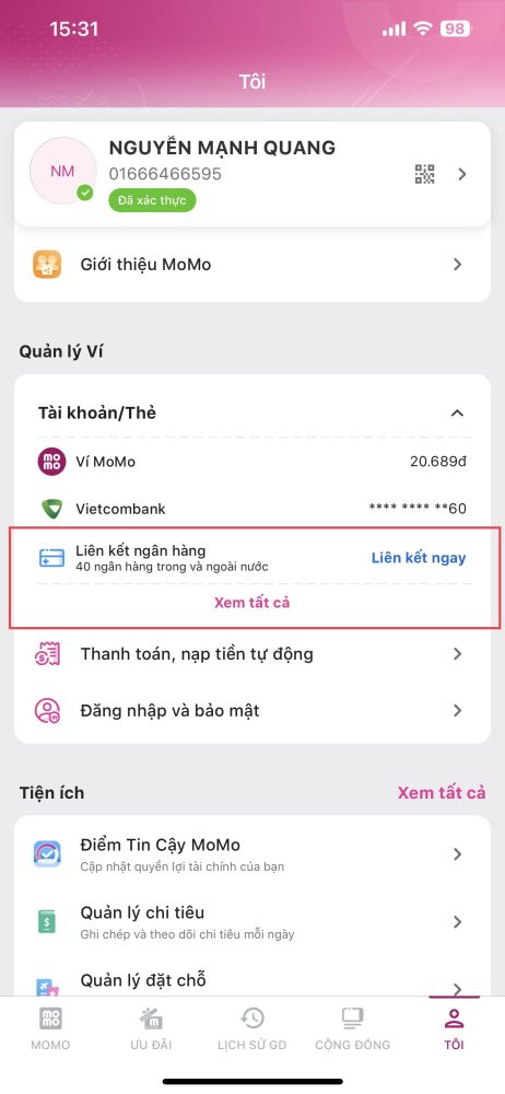 Cách liên kết thẻ ngân hàng vào Ví MoMo