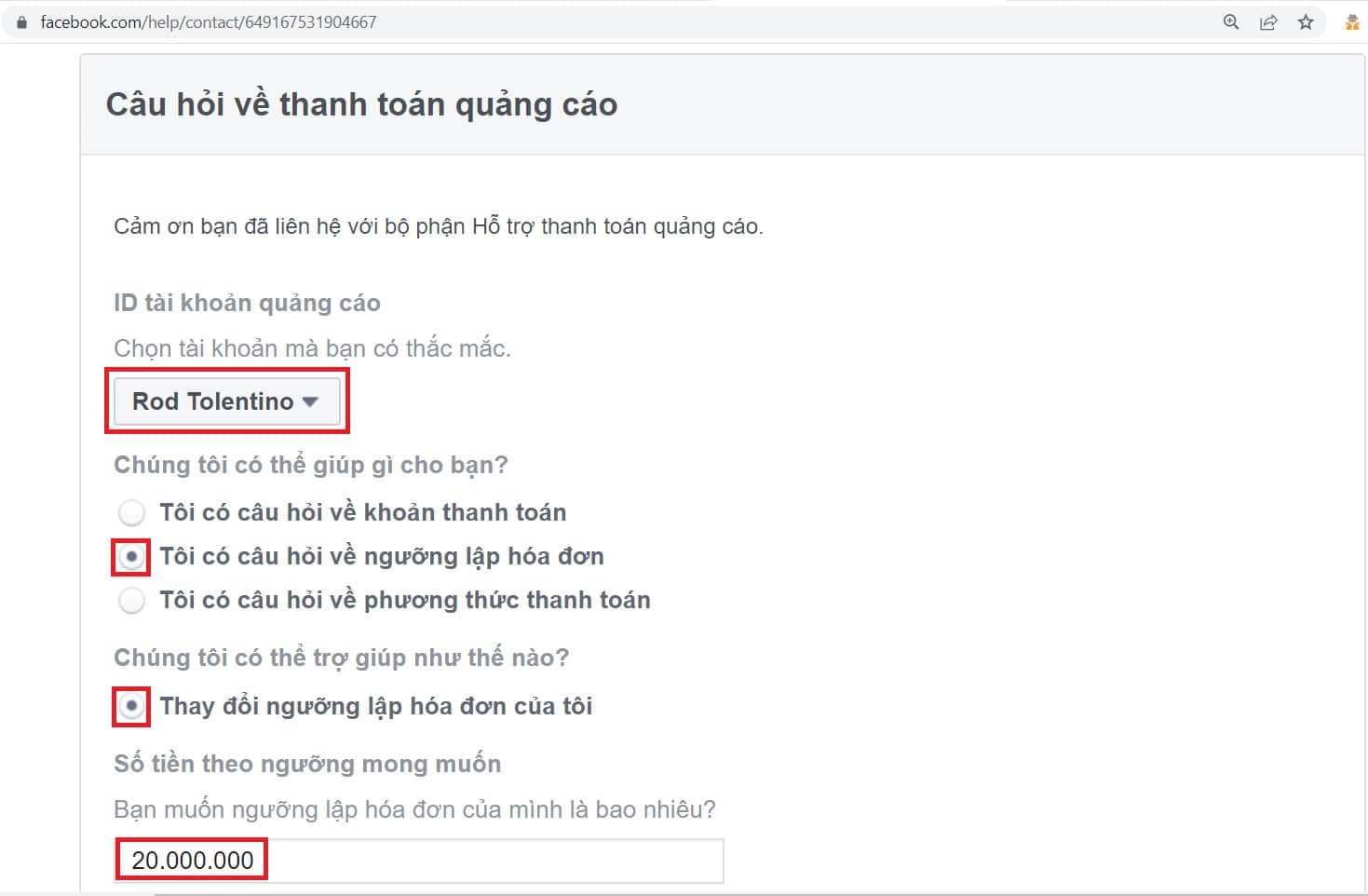 Ngưỡng thanh toán Facebook
