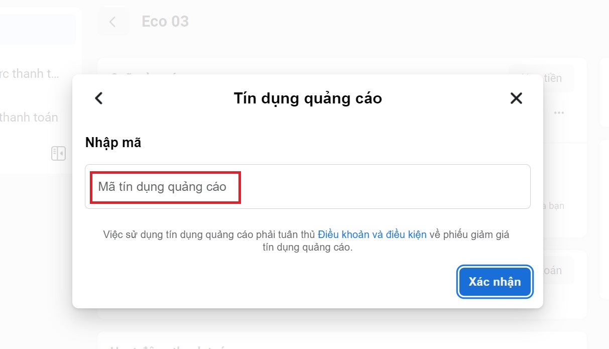Mã Tín dụng quảng cáo Facebook